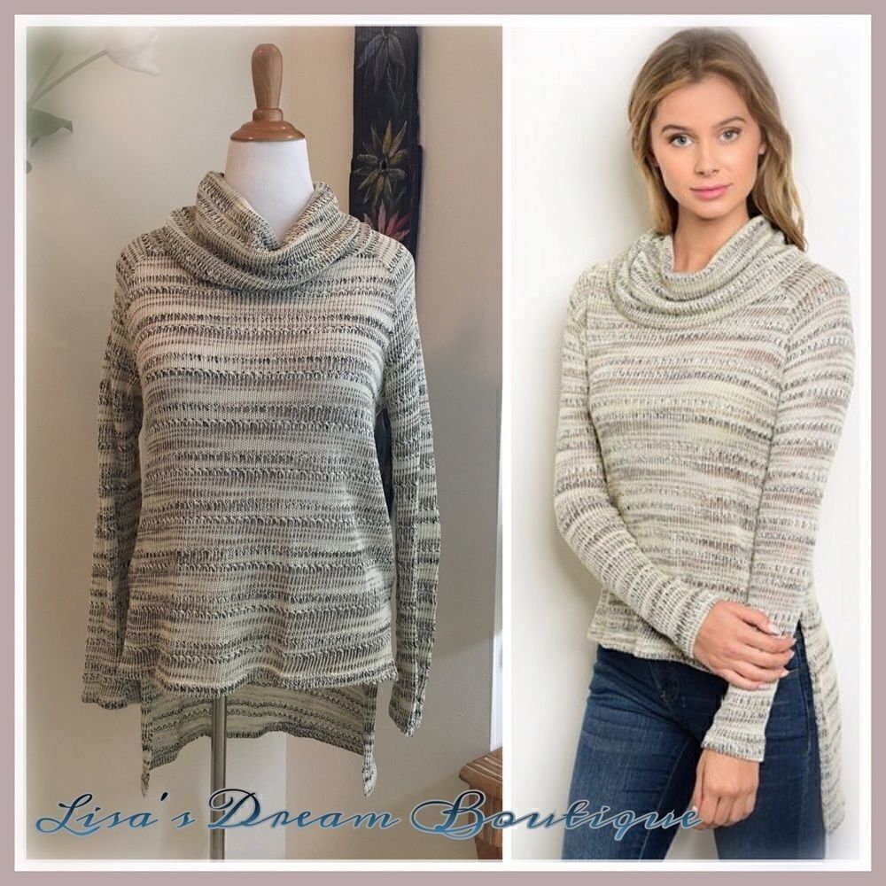 Neutral Beige and Gray Multi Lightweight High Low Hem Long Sleeve Turtleneck